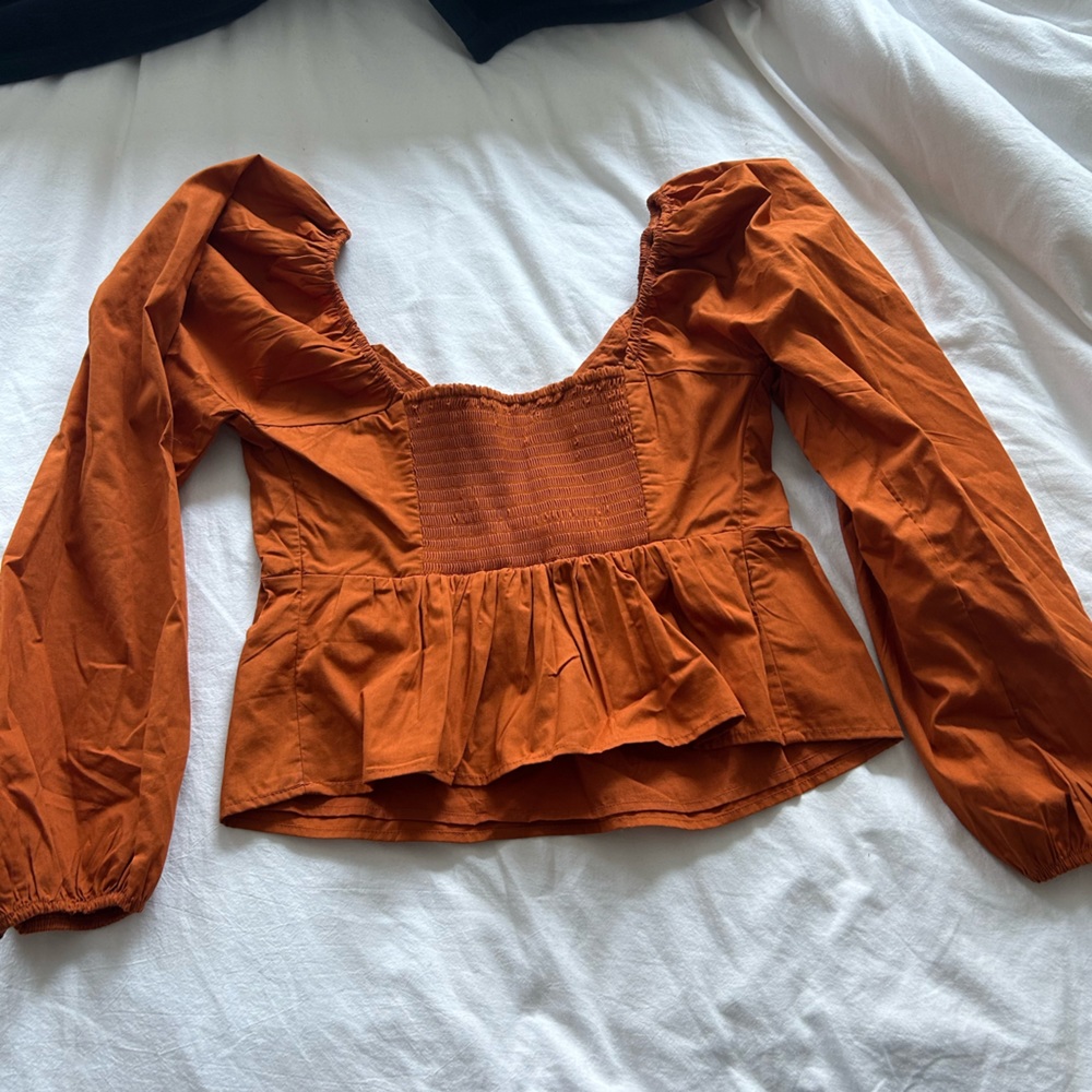 Abercrombie long sleeve orange puffy sleeve babydoll top medium - Picture 2 of 3